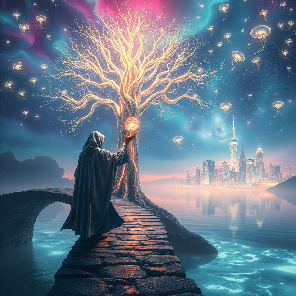 Crystalline Tree Illuminates Futuristic Cityscape