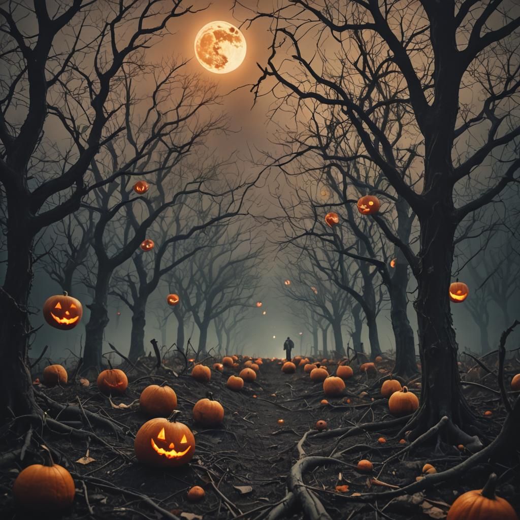 Screaming Pumpkins in Autumn Forest by Blood Moon
