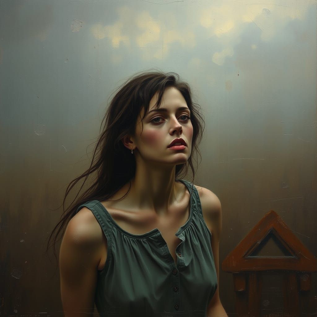 Surreal Woman in Dreamlike Twilight Landscape