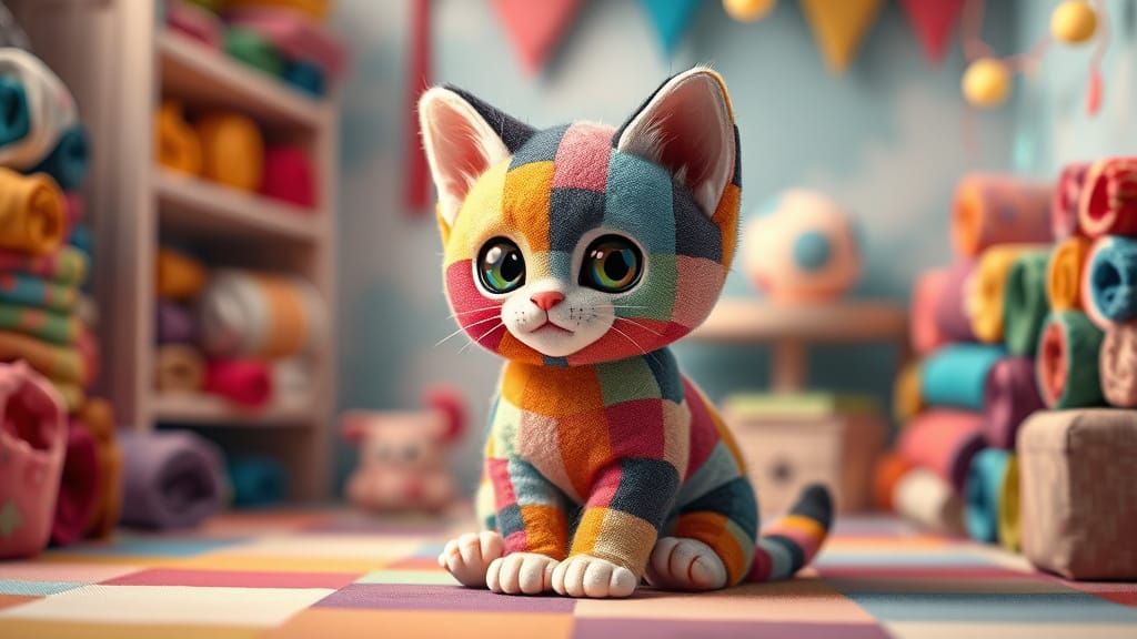 Vibrant Patchwork Kitten in Whimsical Studio