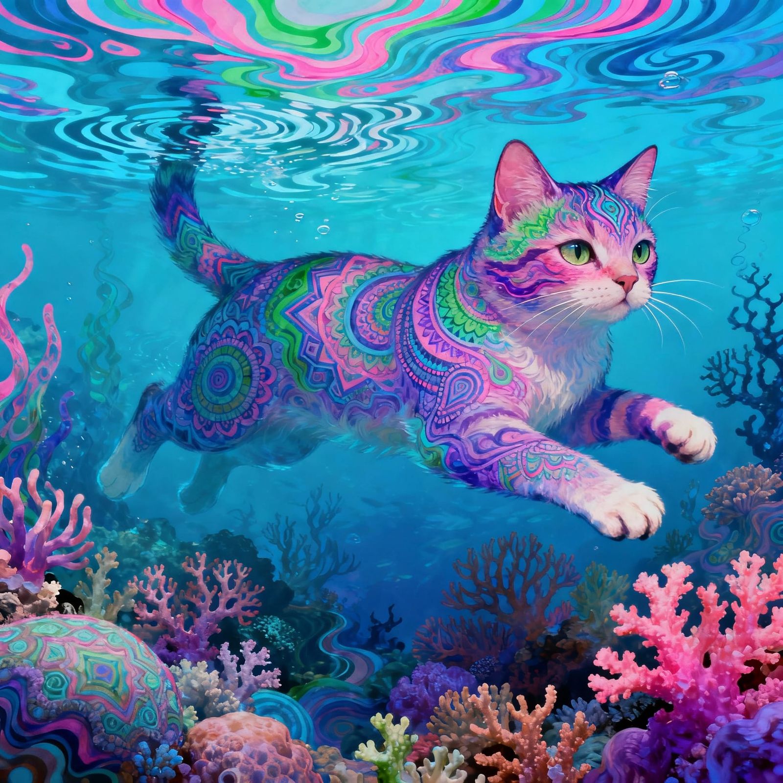 Psychedelic Magic Cat Swims in Vibrant Coral Reef