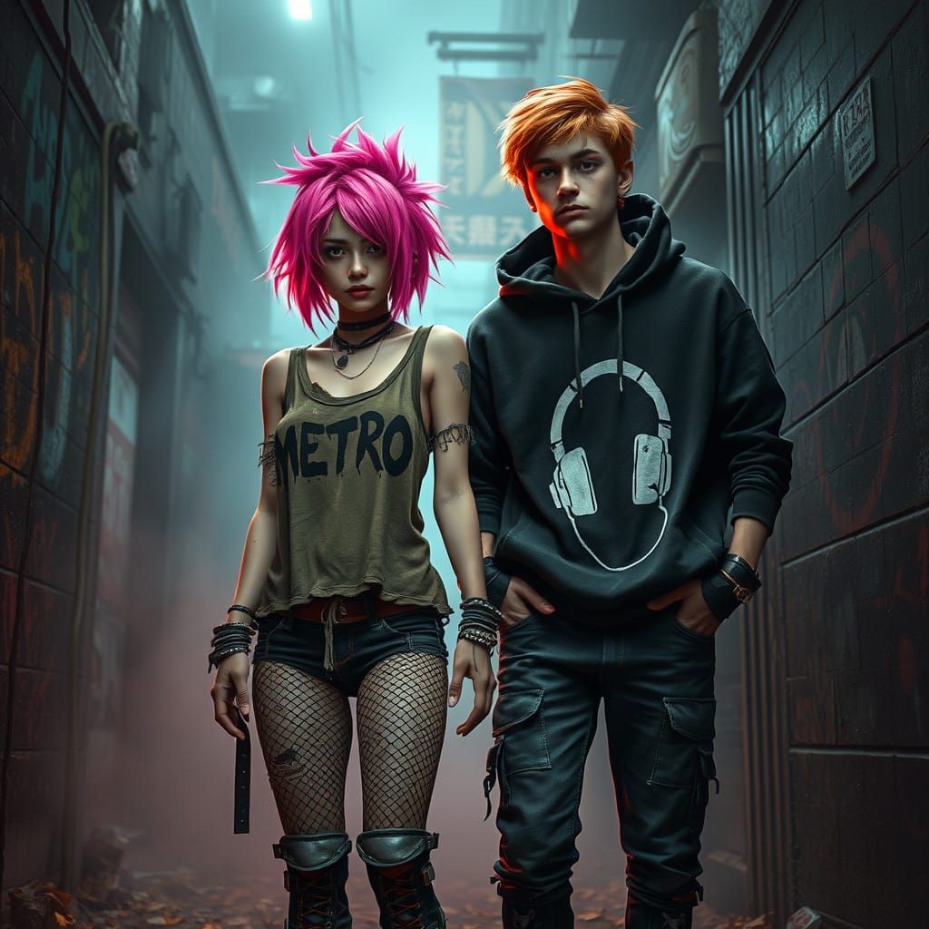 Rebellious Girl in Dystopian Alleyway, Cyberpunk Style