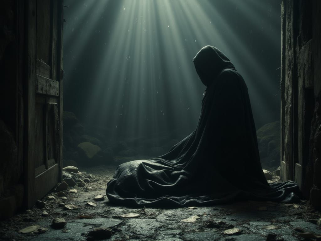 Hyperrealistic Figure Enters Dim Room