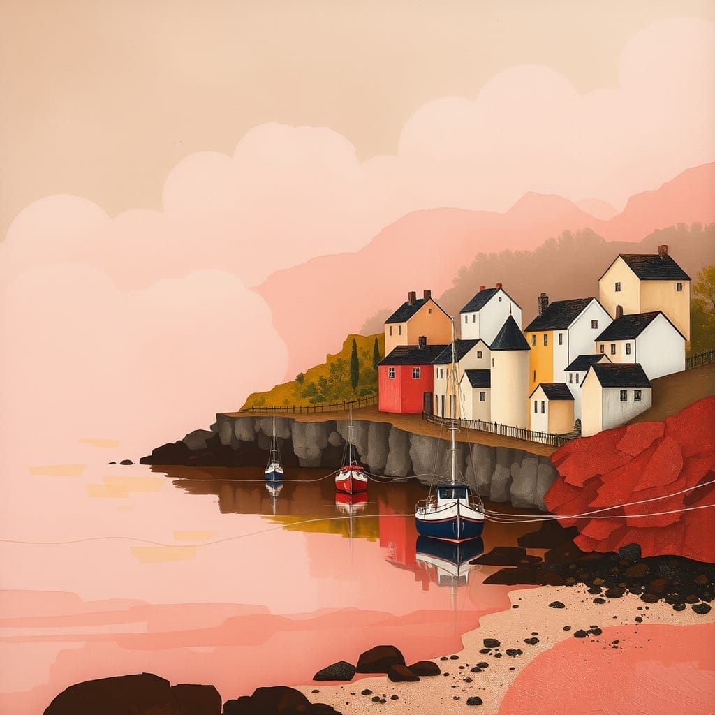 Whimsical Coastal Village in Pastel Hues