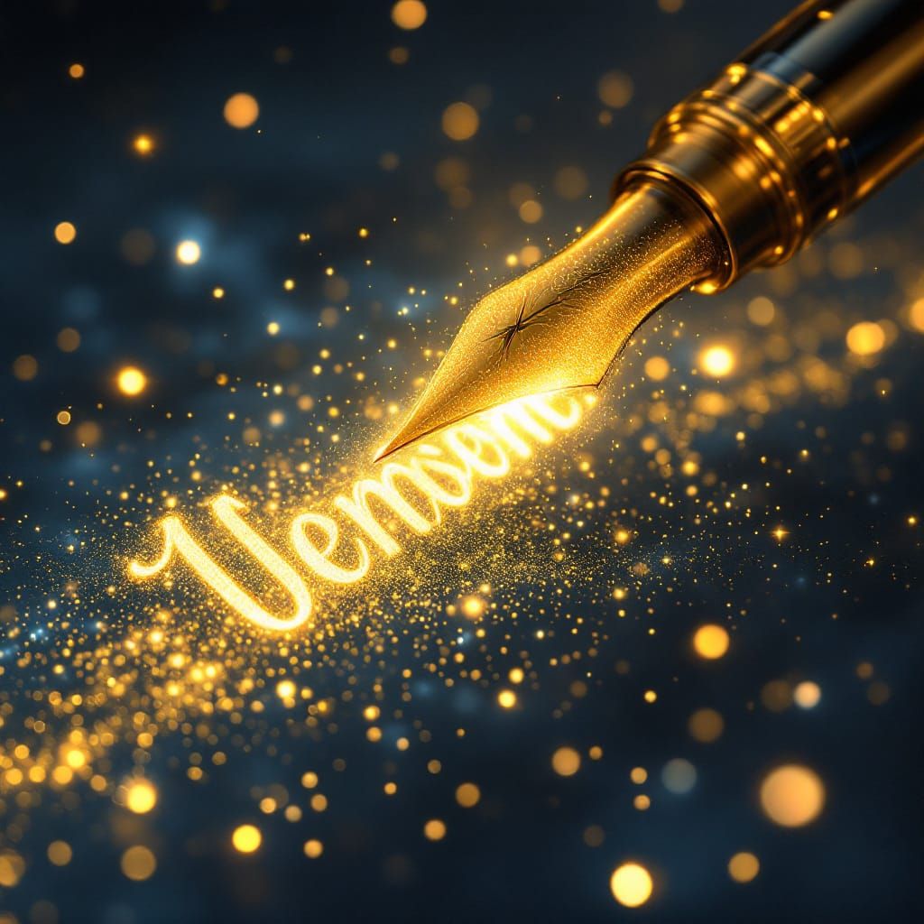 Golden Pen Writes Luminous Letters: Surreal Digital Art