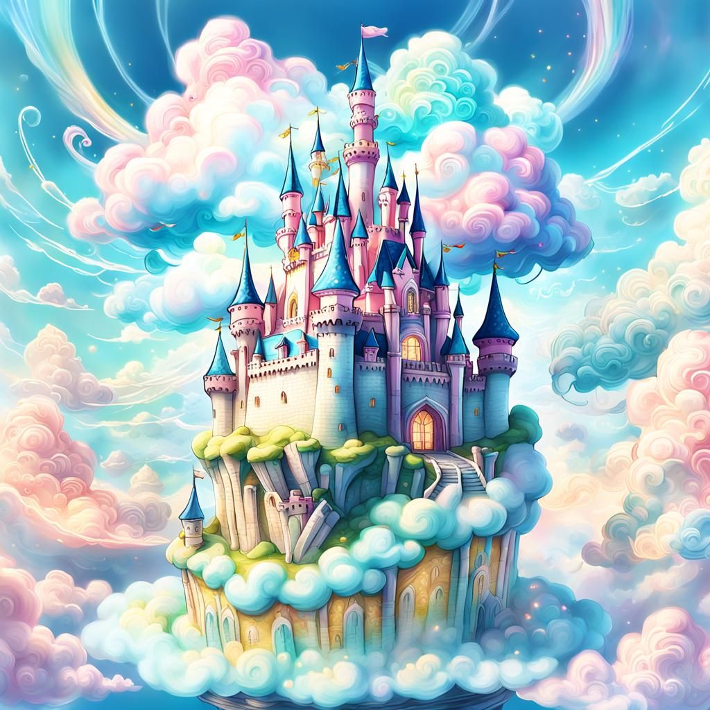 Whimsical Cake Castle Floating in Clouds