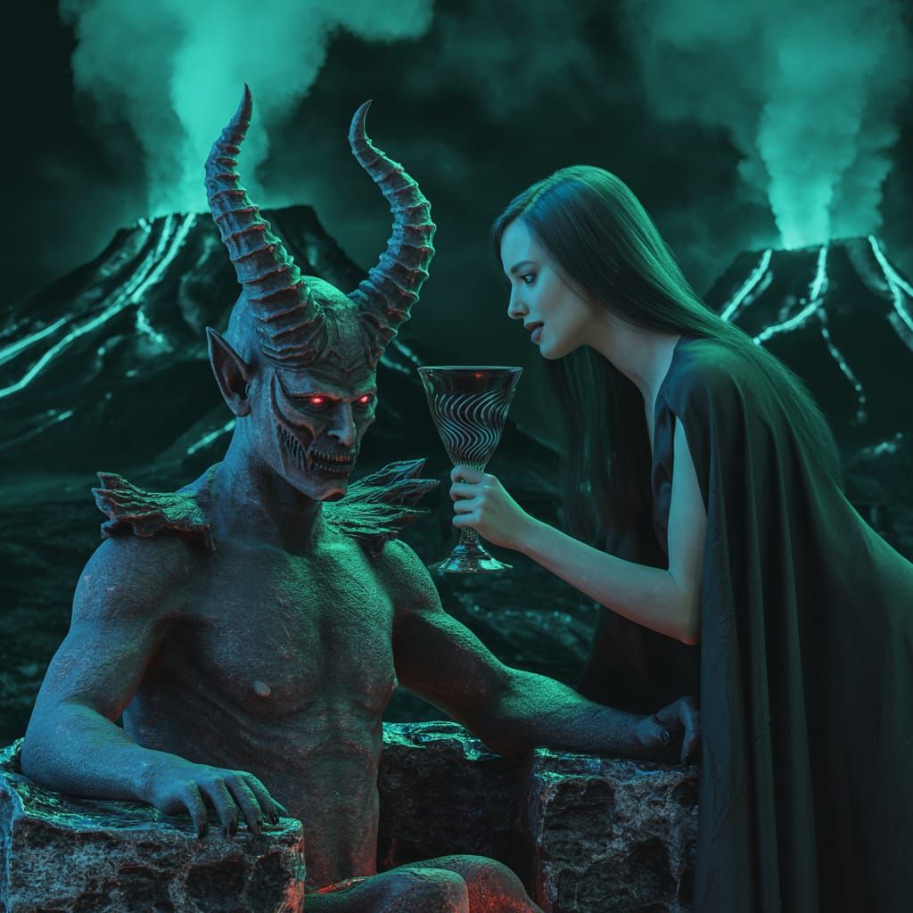 Demon Lord and Sorceress Plotting in Underworld Cavern