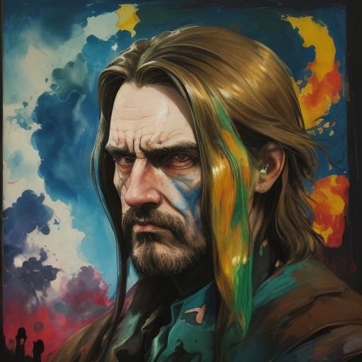 A Heartbroken Man Surrounded by Tormenting Faces in a Vibran...