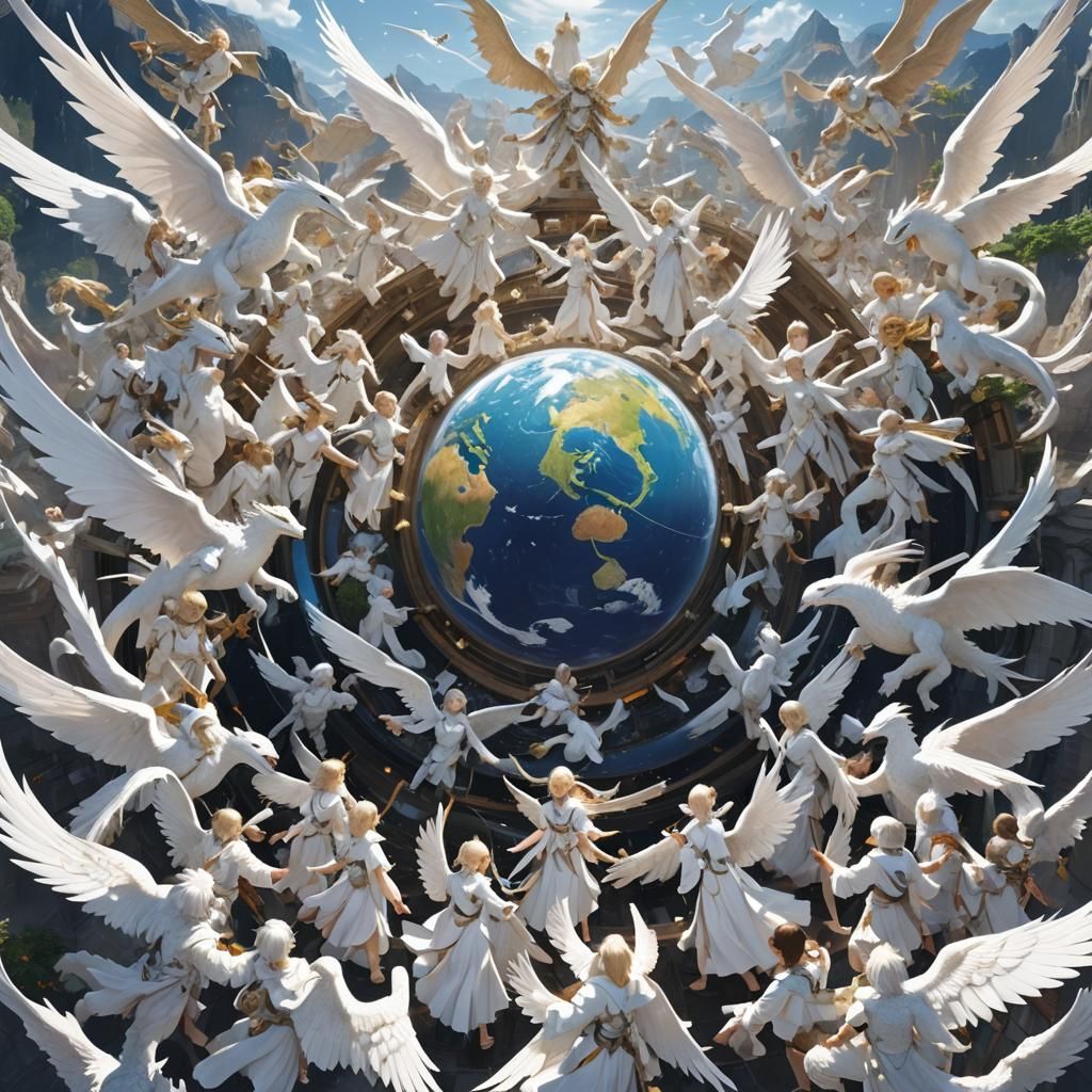Earth Surrounded by Angels and Dragons in 3D Anime Art