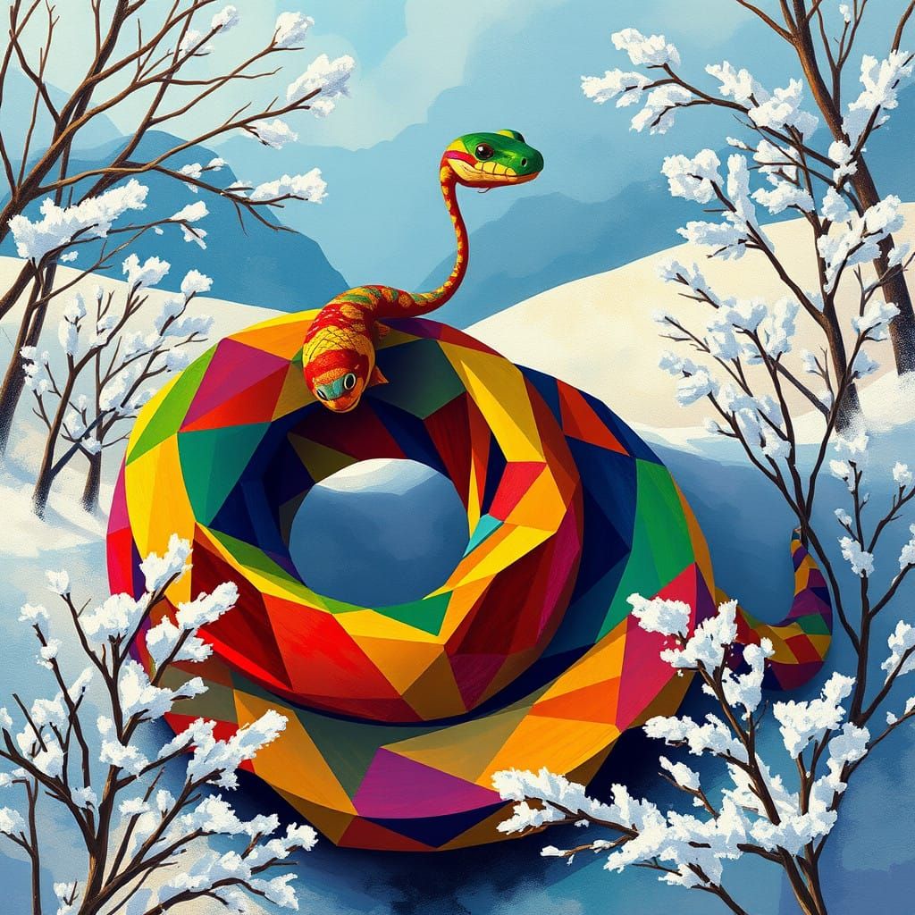 Vibrant Winter Serpent in Cubist Art Deco Style