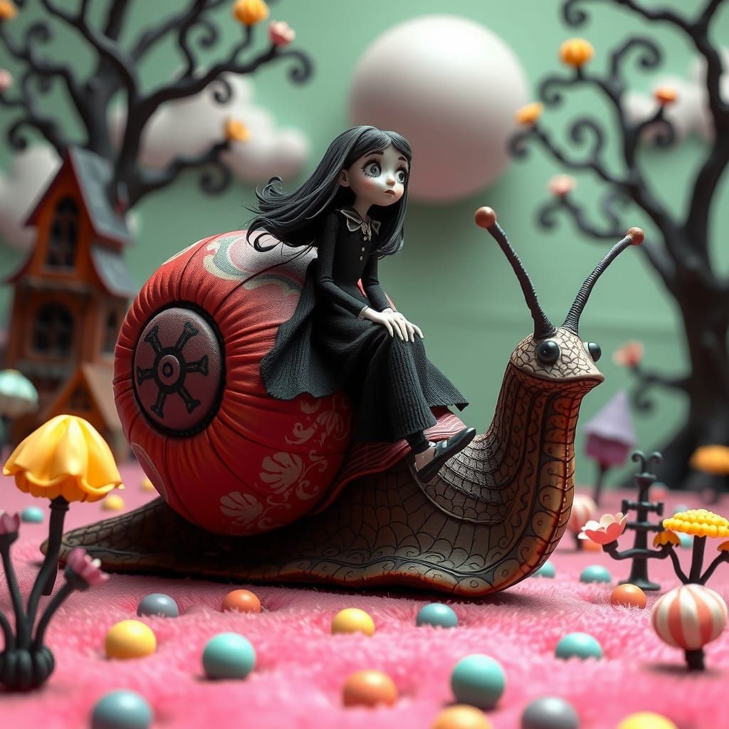 Wednesday Addams Rides Enchanted Snail in Surreal Candy Land...