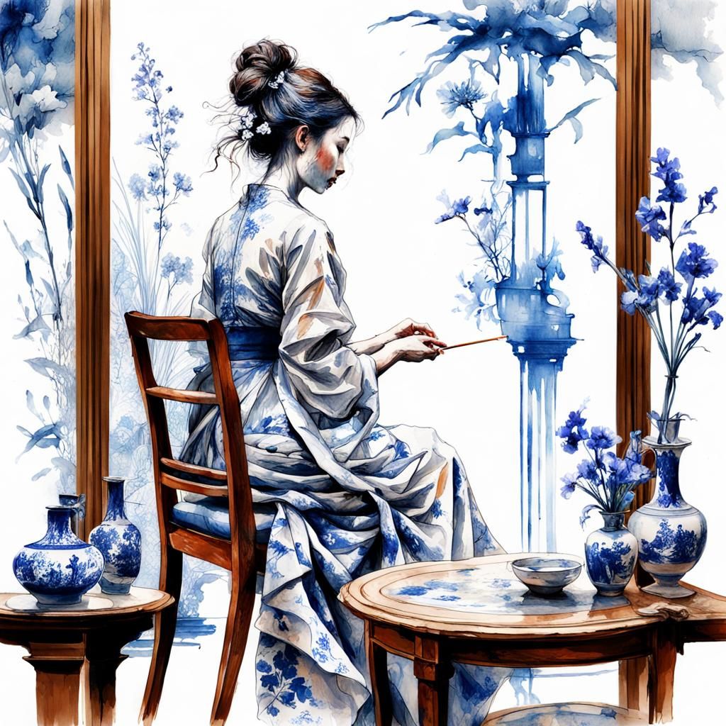Girl Arranges Ikebana in Digital Watercolor Style