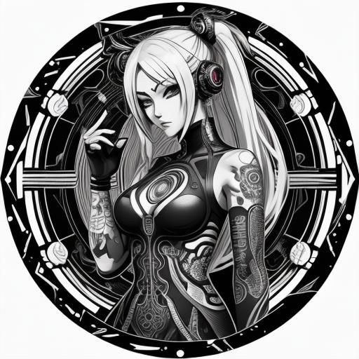 Cyberpunk Anime Girl Blackwork Tattoo Design