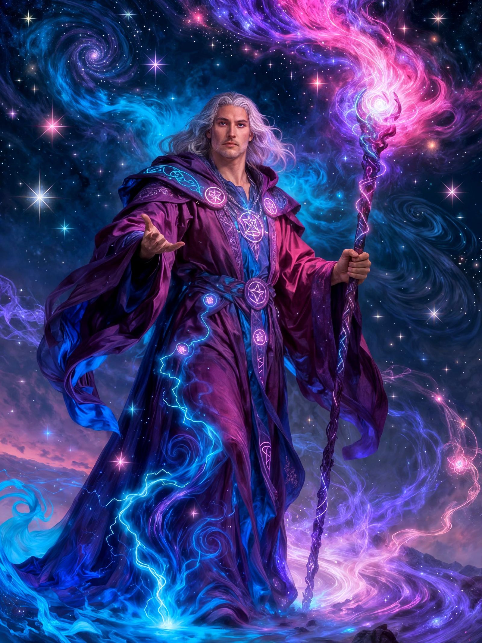 Majestic Sorcerer Cloaked in Magical Hues