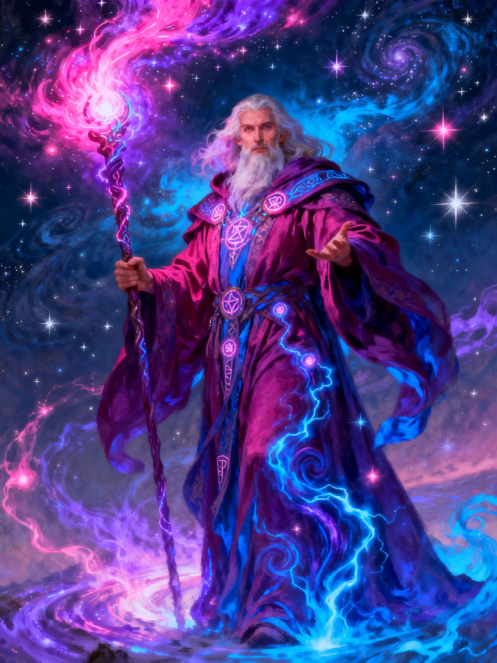 Majestic Sorcerer Cloaked in Magical Hues