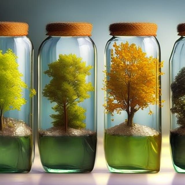 Seasonal Trees in Glass Jars: Digital Illustration