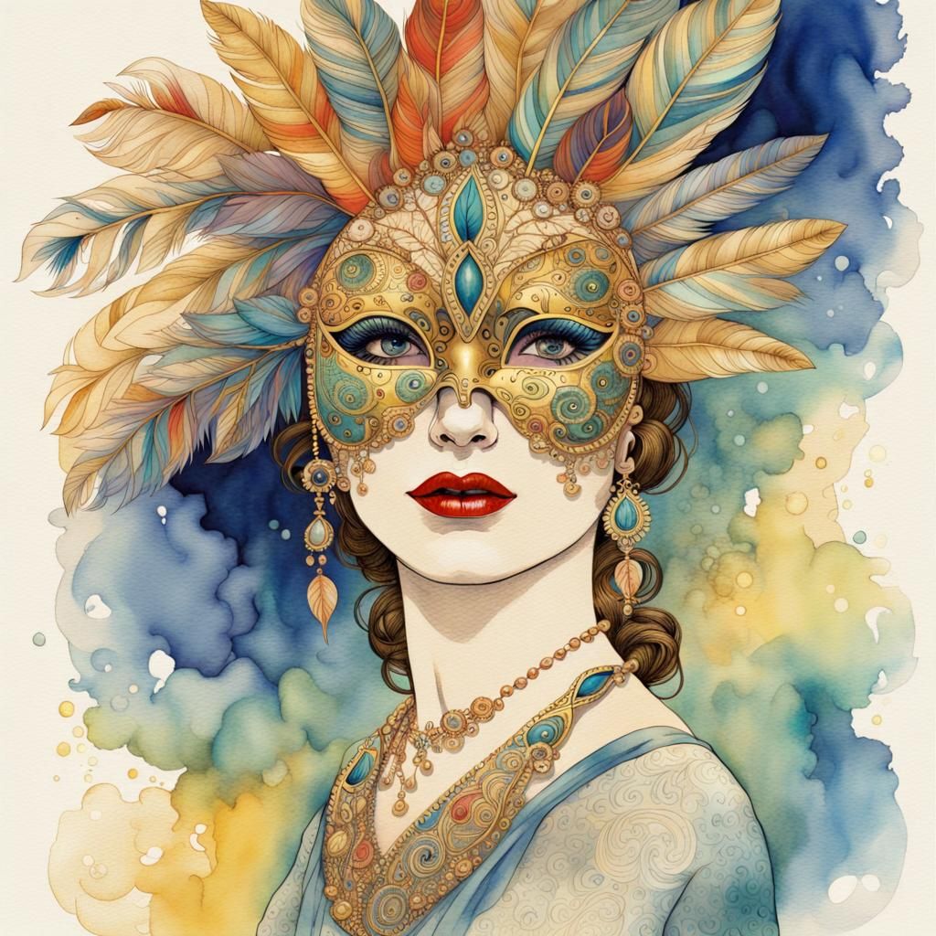 Woman in Elaborate Venetian Mask, Zentangle Art