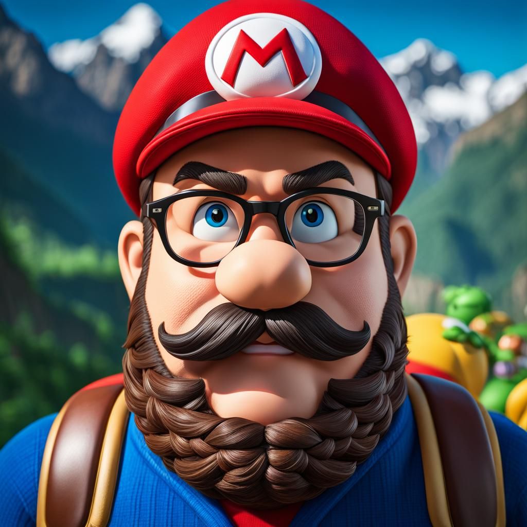 Super Mario , 40’s; overweight; glasses; mountain man; photography portrait, Hyperrealistic, concept art, mid shot, intr...