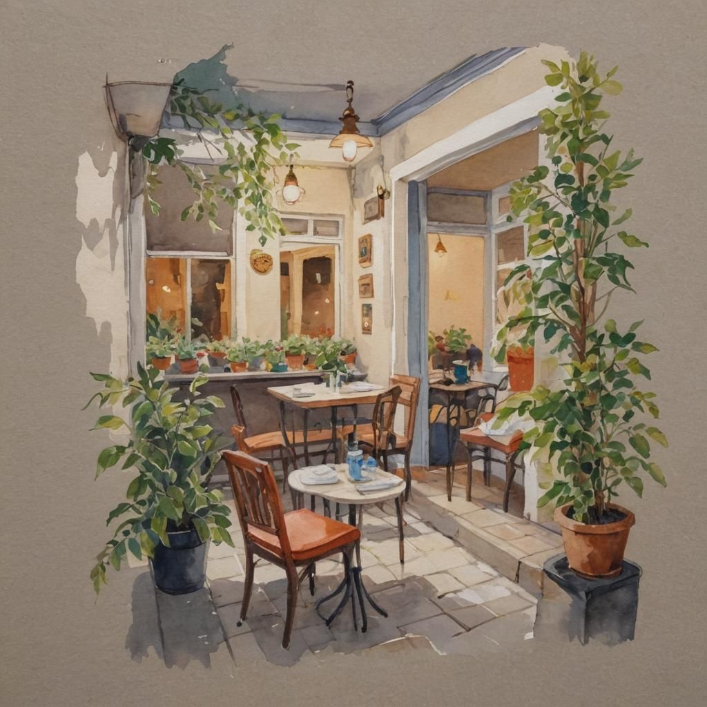 Gouache Painting of a Detailed Conservatory
