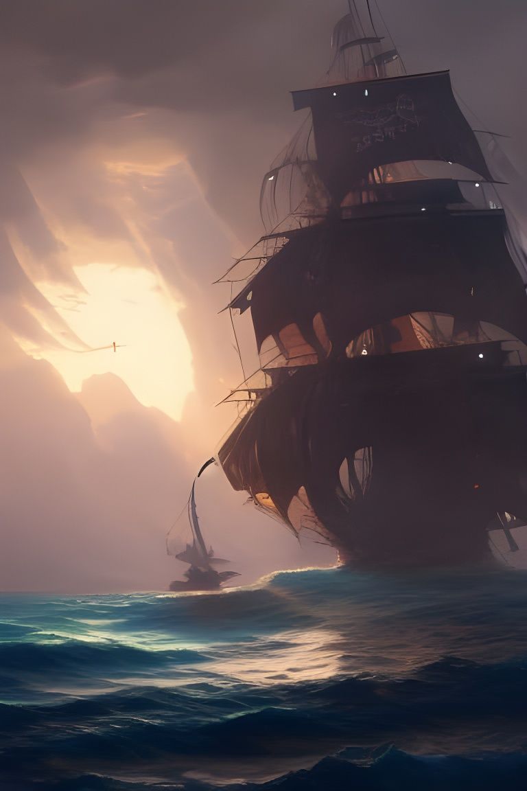 Pirate Galleon Approaches Tropical Island in Dark Fantasy St...
