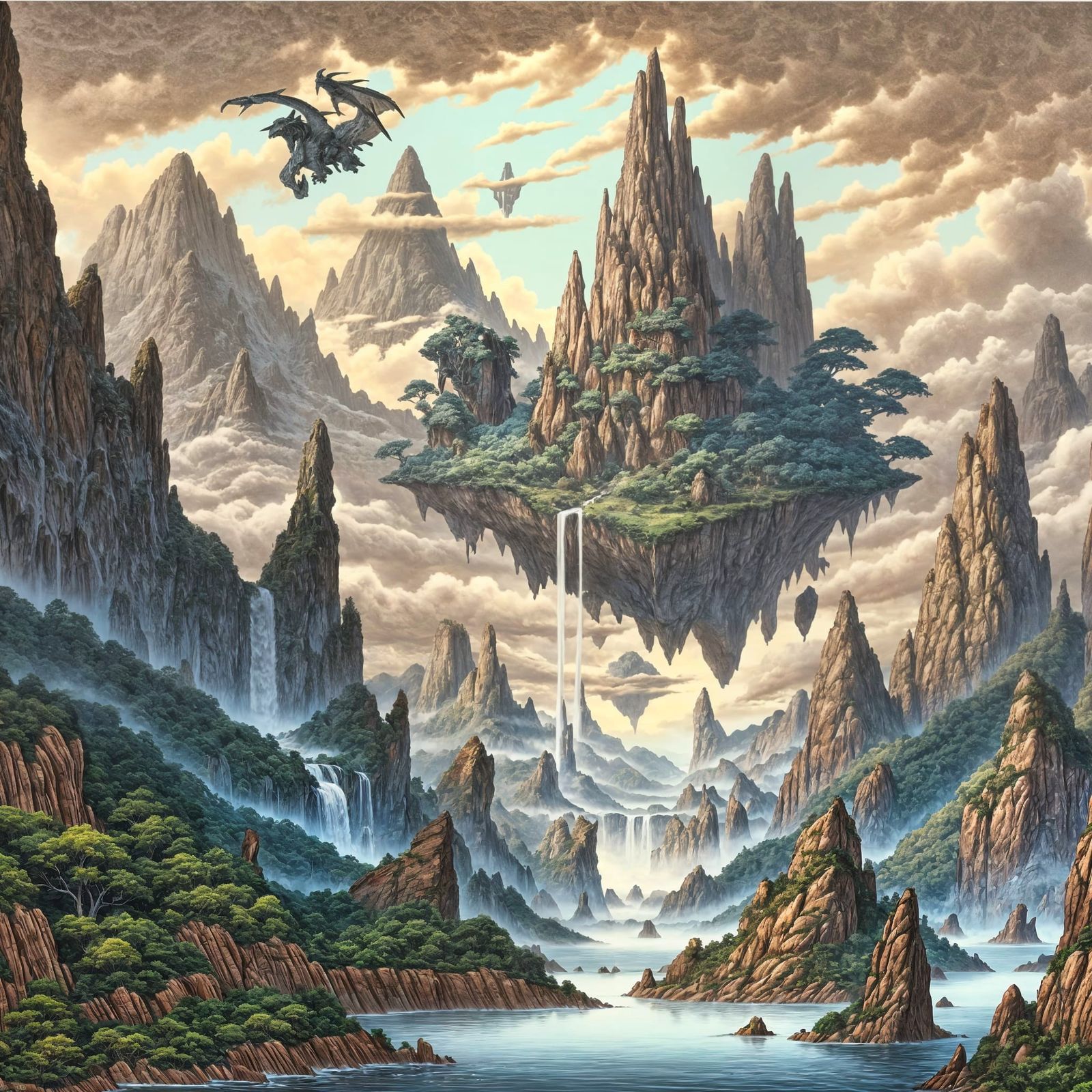 Majestic Floating Island Landscape with Dragons and Hydra