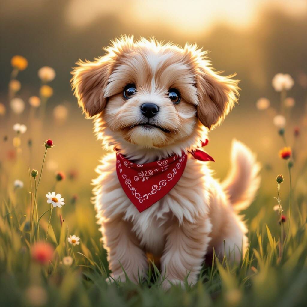 Adorable Fluffy Puppy in Golden Hour Meadow