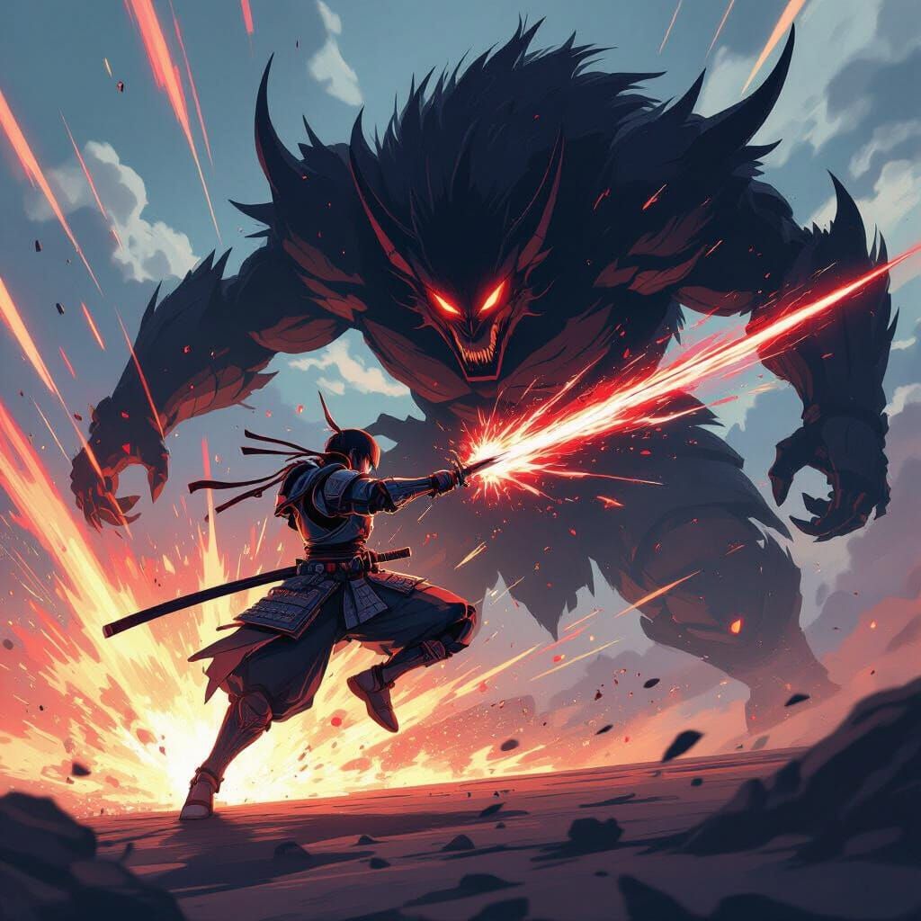 Futuristic Samurai Warrior Unleashes Energy Strike