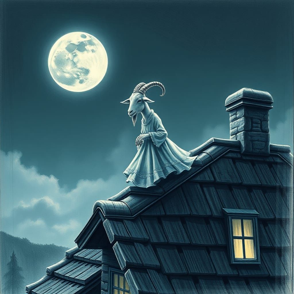 Cartoon Goat Sleepwalking Under the Full Moon