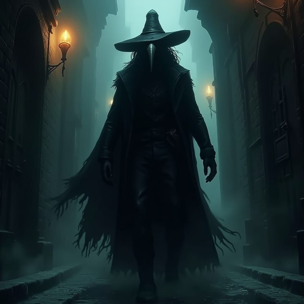 Plague Doctor in Dark European Alleyway
