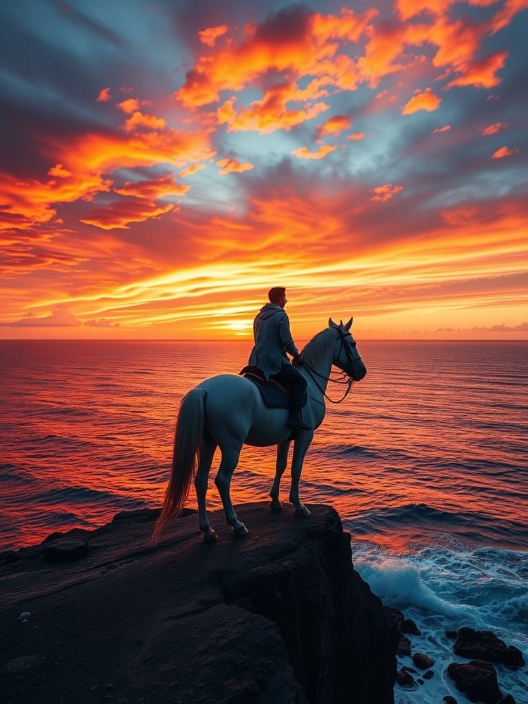 Person on White Horse on Cliff at Sunset