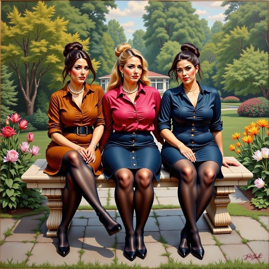 Curvy Danish Women in Vibrant Botanical Garden Oil Painting