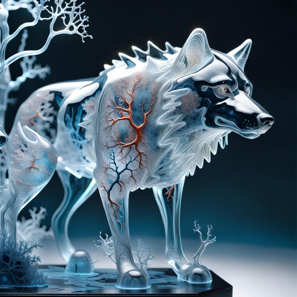 A clear transparents Ice Sculptures of a wolf made of microworld, electricity, bacteria, amoeba, infusoria,