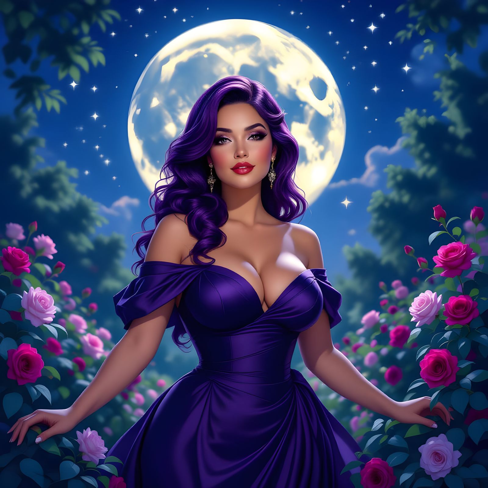Woman with Purple Hair in Moonlit Garden