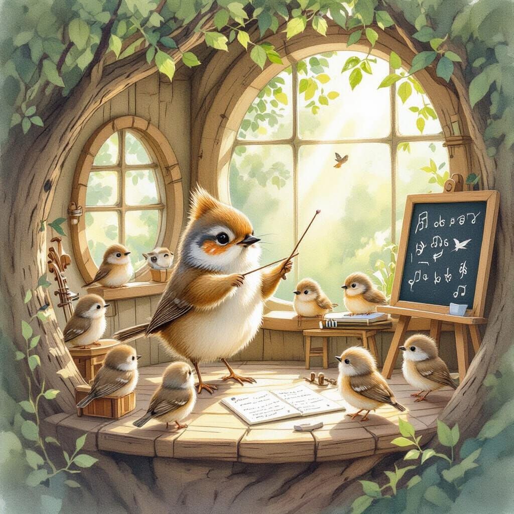 Tomtit Conducts Fledglings in Watercolor Treehouse School