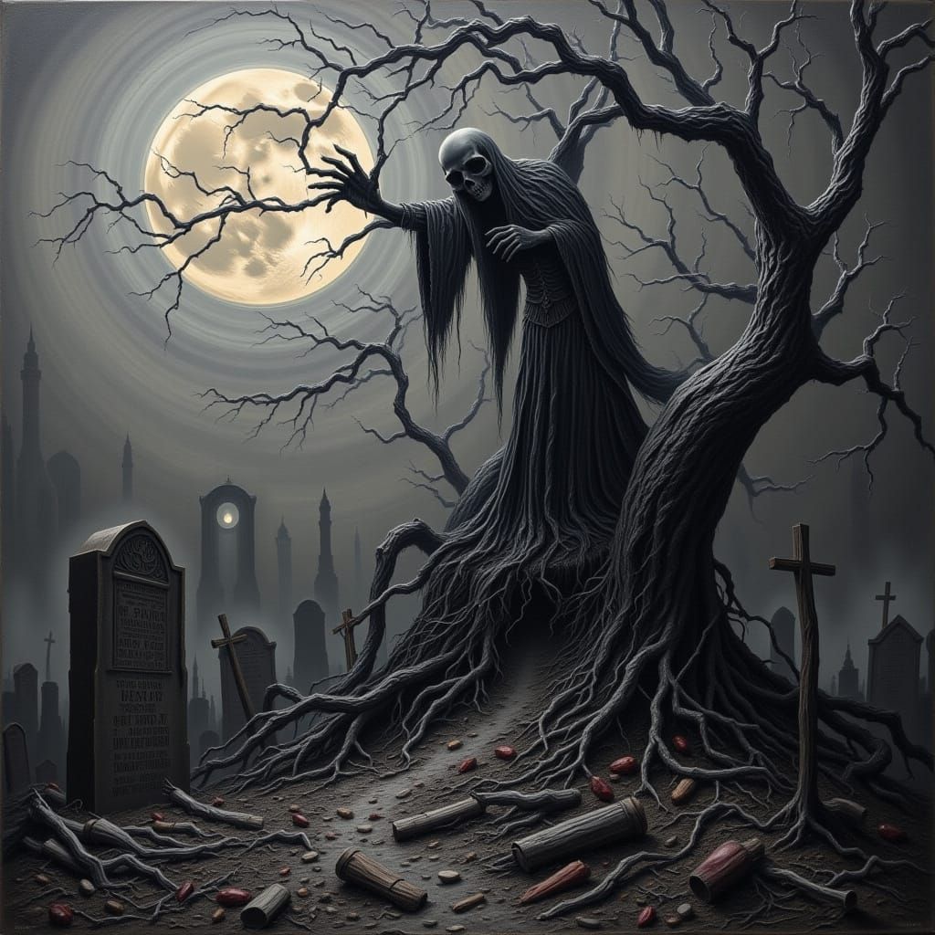 Macabre Horror: Zombie Rising from Grave with Ravens