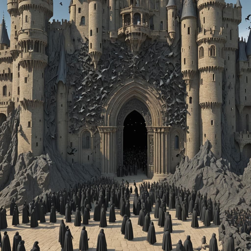 Eerie Gathering at Castle Door, Detailed Digital Painting