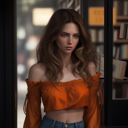 Enigmatic Bookshop Beauty in Hyper-Realistic Detail