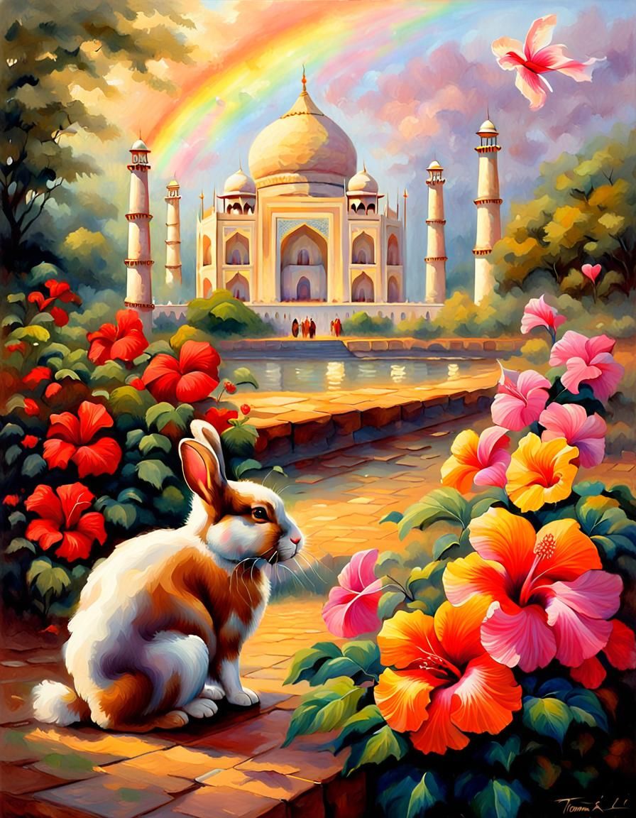 Rabbit and Taj Mahal Oil Painting with Hibiscus