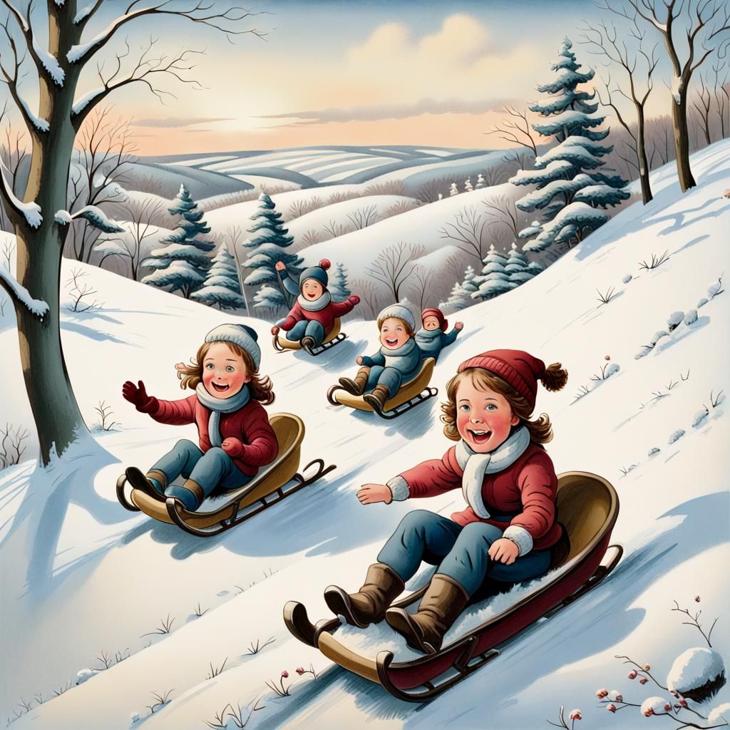 Cheerful Winter Sledding Scene in Vintage Style