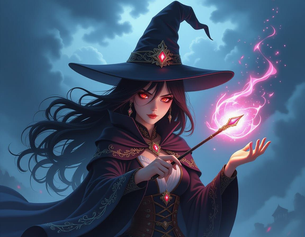Manga Witch Casting Spell in Stormy Sky