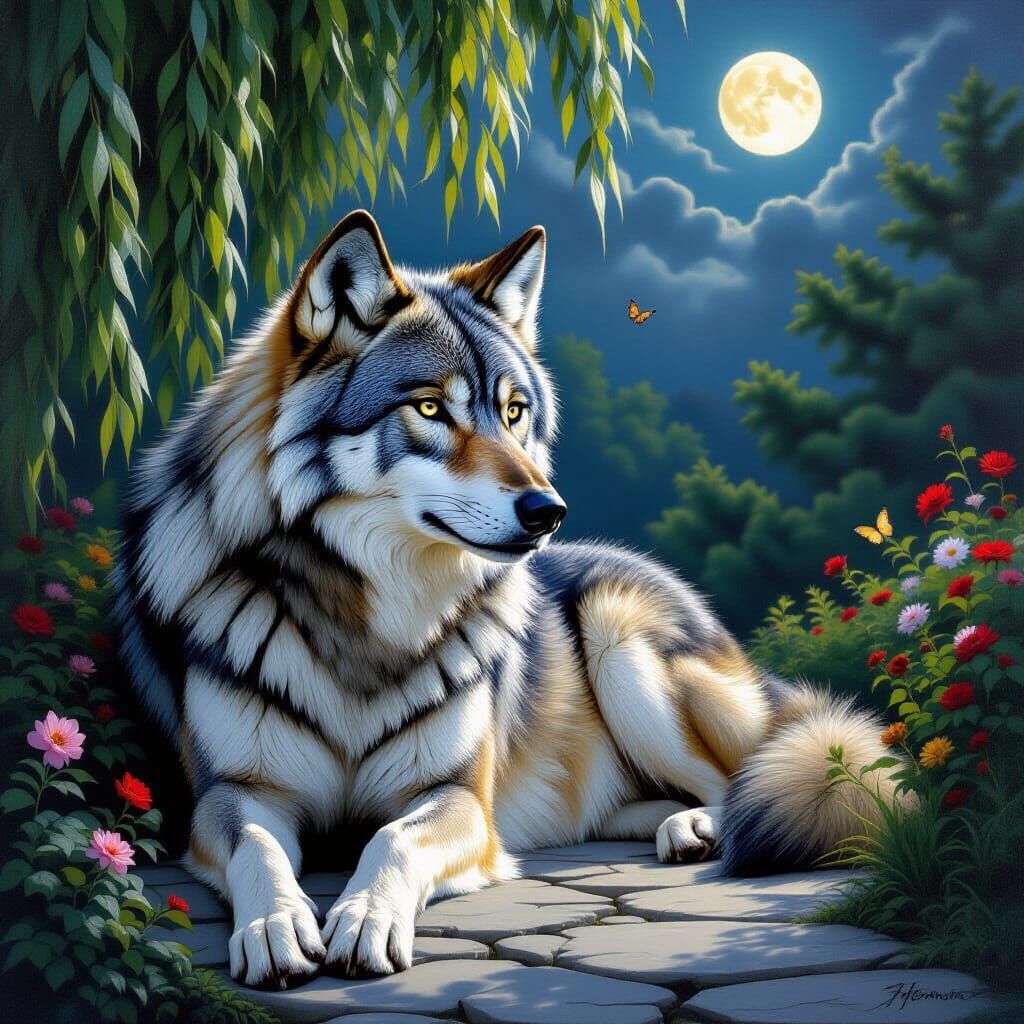 Majestic Wolf Patrols Moonlit Manicured Garden