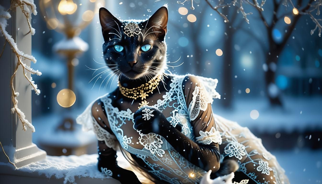 Elegant Cat Posing in Snowstorm: High-Fashion Photography