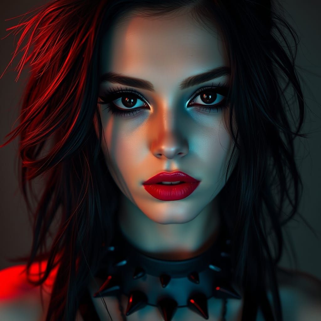 Goth Woman with Spiked Collar in Dramatic Lighting