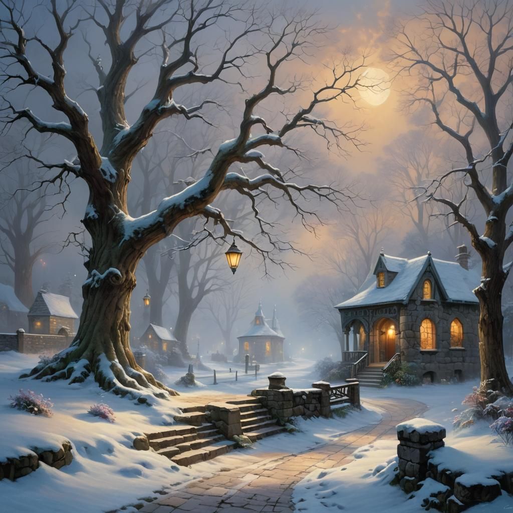 Ethereal Fantasy: Frozen Landscape Under Moonlight