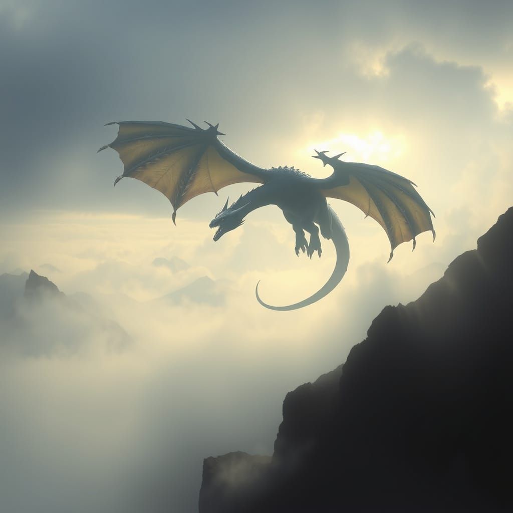 Dragon Soaring Above Misty Mountains in Dreamy Style