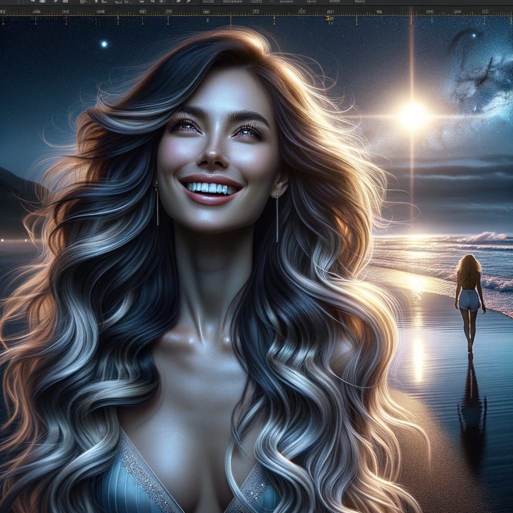 Ethereal Goddess Strolls Under Starry Night Sky on Moonlit B...