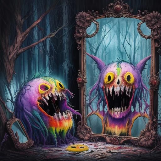 Surreal Monster in Broken Mirror: Glitch Art