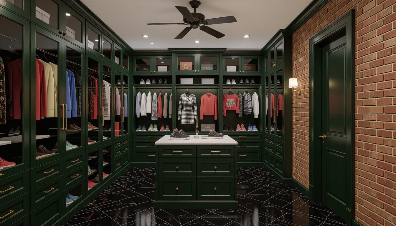 Victorian Walk-In Closet with Brick Walls and Green Cabinets