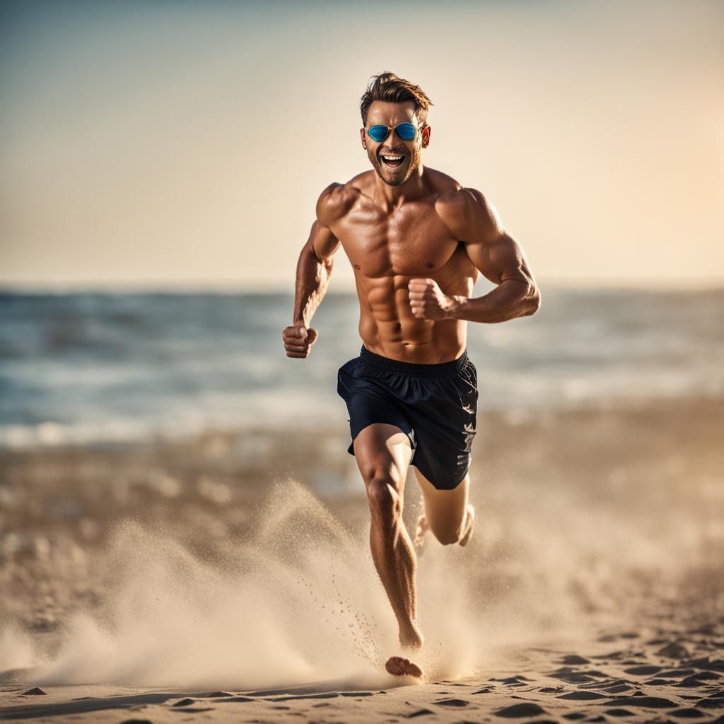 Young Man Running on Beach: Professional Photography