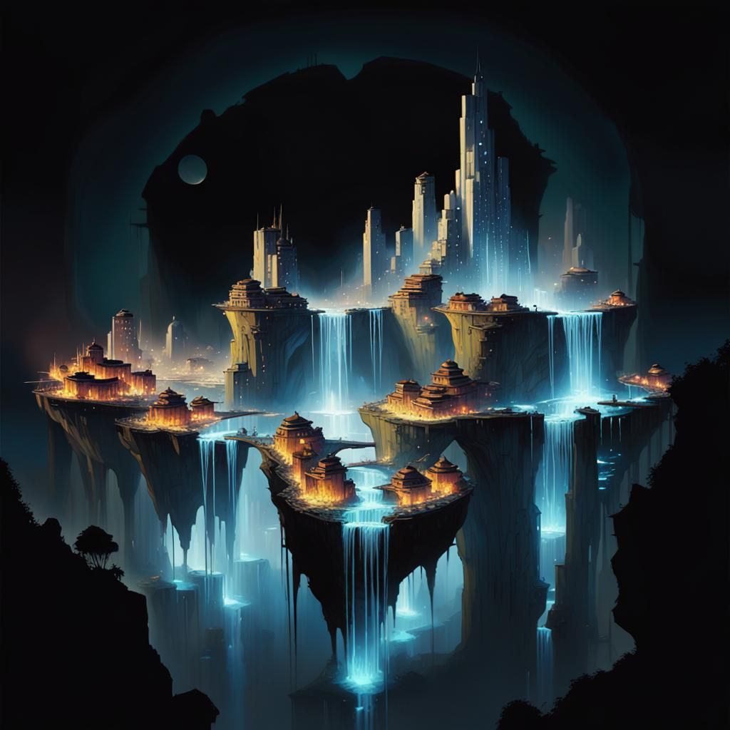 Futuristic Cityscape with Glowing Waterfalls